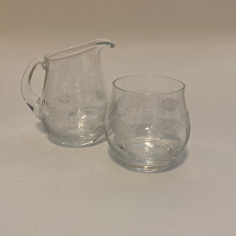 Vintage Etched Clear Glass Cream and Sugar Set